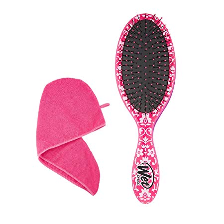 Wet Brush Hair Brush Starter Kit - Detangling Brush, Towel Turban, Quick Dry, Wet or Dry Hair, All Hair Types, Painless, No Frizz, Breakage & Split-Ends, Pink Color