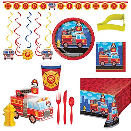 Flaming Fire Truck Party Supplies Bundle - Serves 16 | Fire Fighter Birthday Party Bundle of Supplies Includes: Happy Birthday Banner | Table Cover | Centerpiece | Plates | Napkins | Cups | Utensils | Cookie Cutter   Bonus Recipe