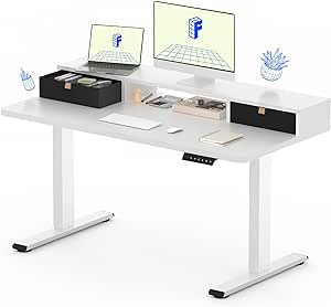 FLEXISPOT Electric Standing Desk with Drawer, Solid One-Piece Adjustable Height Desk with Storage Shelf, Ergonomic Monitor Stand for Computer Laptop (White Frame/White Top, 48 inch)