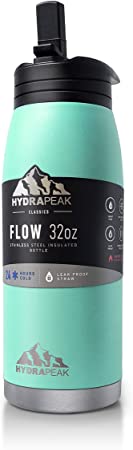 Hydrapeak Flow 32oz Stainless Steel Water Bottle | Vacuum Insulated Thermos | BPA-Free and Leak-Proof | Wide Mouth Flask with Bite Straw Non-Slip Handle | On The Go Personal Canteen