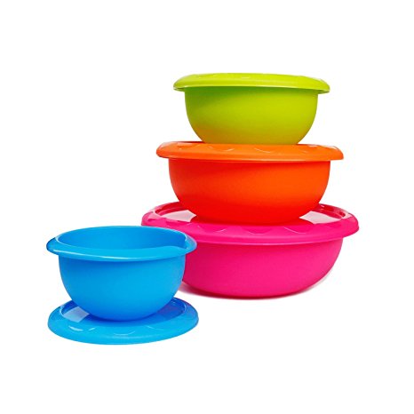 Honla Plastic Mixing Bowls with Lids,Pour Spout&Curved Lip,1,2,3 and 5 Quart-Set of 4-Blue/Lime Green/Orange/Pink-for Serving Pasta,Salad,Party Snack,Dessert-Nesting Cooking/Baking Storage Containers