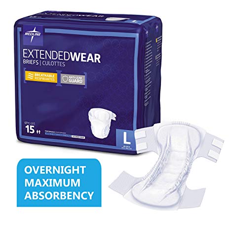 Medline Extended Wear Overnight Adult Briefs with Tabs, Maximum Highest Absorbency Adult Diapers, Large (60 Count)