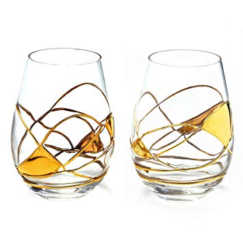 ANTONI BARCELONA Stemless Wine Glasses Set of 2 (21 Oz) - Handblown & Handmade, Painted Gold Wine Glass, Gifts for Women, Birthdays, Anniversaries, and Weddings (2 GOLD)