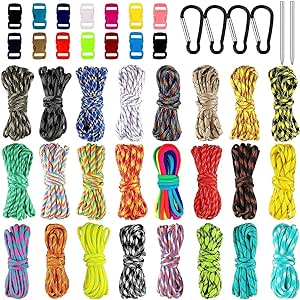 24 Pcs Multicolored 10 FT Paracord Cords 550 Multipurpose Paracord Ropes with14 Colorful Buckles for Bracelet, 4 Spring Snap Hook and 2 Paracord Lacing Needle Stitching Needle Paracord Crafting Kit
