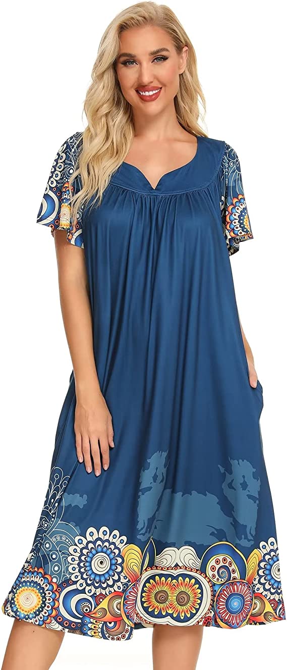 Bloggerlove House Dresses for Women With Pockets Mumu Duster Housecoat Short Sleeve Patio Dress S-XXL