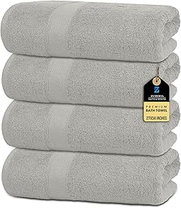 ZUPERIA Premium Bath Towels 100% Cotton - 27 x 54 Inches (Pack of 4, Cloud Grey) - Towels for Bathroom - Super Absorbent, Perfect Bathroom Towel for Daily Use