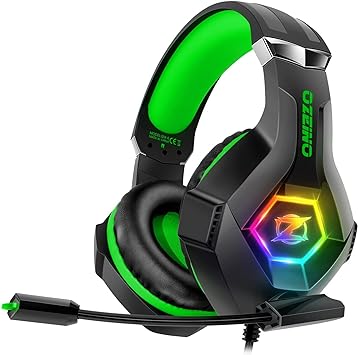 Ozeino Gaming Headset for PC, PS4, PS5, Xbox Headset, Gaming Headphones with Noise Cancelling Flexible Mic RGB Light Memory Earmuffs for Xbox one, Switch, Mac -Green