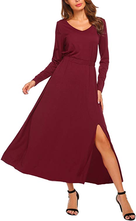 SE MIU Women's V-Neck Long Sleeve Solid Split Front Slim Fit Casual Maxi Dress