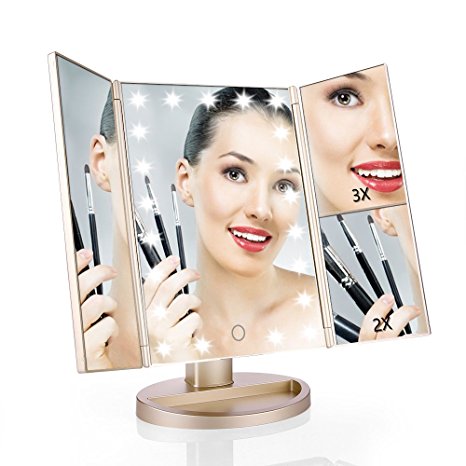 Easehold Tri-Fold Lighted Vanity Mirror Three Panel 21Pcs Led Light 180 Degree Free Rotation Countertop Cosmetic Makeup Mirror with Magnifiers (Champagne Gold)