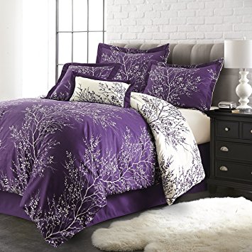 Spirit Linen Hotel 5Th Ave 6-Piece Foliage Collection Plush Reversible Comforter Set, King, Purple/Ivory