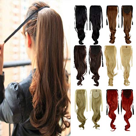 Binding Tie up Synthetic Ponytail Heat Resistant One Piece Drawstring Pony Tail Long Wavy Curly Soft Silky for Women Lady Girls 18'' / 18 inch (light brown)