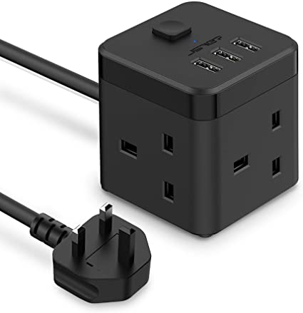 JSVER Cube Extension Lead with 3 USB Ports (5V/2.4A) 3 Outlet Power Strip with Switch Power Socket with 200cm Cable for Home, Office, Hotel, Travel -Black