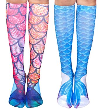 Oryer 2 Pairs Womens Mermaid Socks 3D Printing Long Knee High Socks Stockings