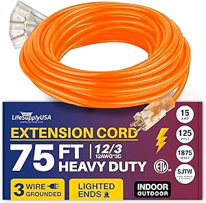 75ft Power Outdoor Extension Cord & Indoor - Waterproof Electric Drop Cord Cable - 3 Prong, 3-Outlet, SJTW, 12 Gauge, 15 AMP, 125 Volts, 1875 Watts, 12/3 ETL Listed by LifeSupplyUSA - Orange (1 Pack)