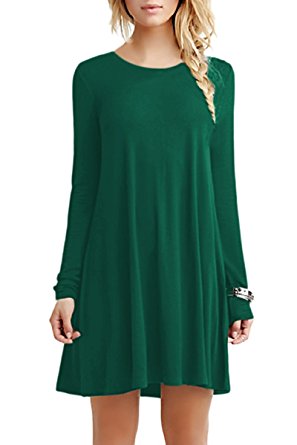YMING Women's Long Sleeves Round Neck Solid Loose Casual T-Shirt Dress XS-4XL