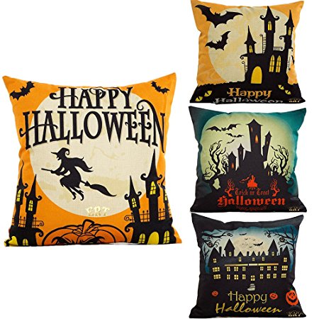 ERT 4-Pack Happy Halloween Cotton Linen Square Burlap Decorative Throw Pillow Case Cushion Cover Bat Pumpkin