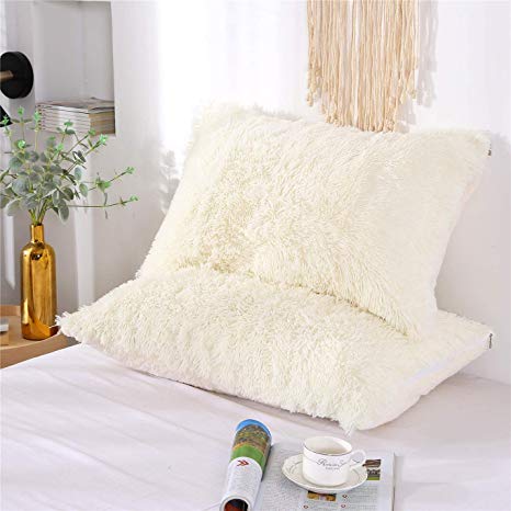 MooWoo Fluffy Pillowcase Standard Size Set of 2, Creamy White, Sherpa Shaggy Pillow Cases Decorative Covers with Zipper, 20"x30"