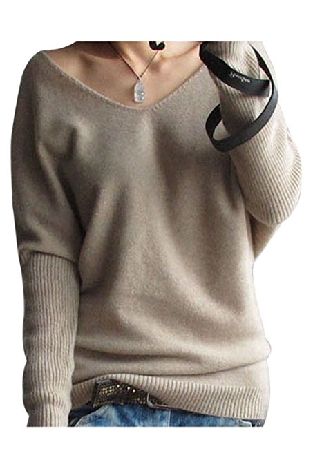 LongMing Women's Cashmere Blend Sexy Loose Batwing Sleeve Big V-neck Pullover Sweater
