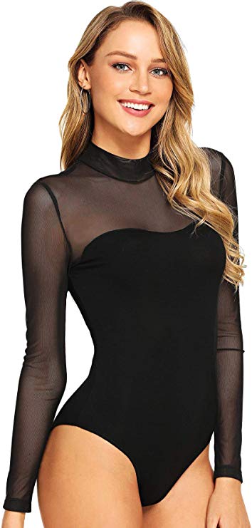 DIDK Women's Sheer Striped Mesh See Through Bodysuit