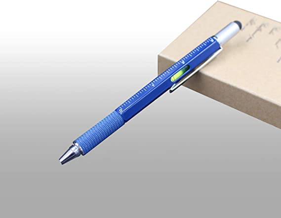 Screwdriver Pen 6-in-1 Multifunction Tool Pen Ruler, Spirit Level, Ballpoint Pen, Stylus, Flat Head or Phillips Screwdriver | Perfect Novelty Gift for Men (Blue)
