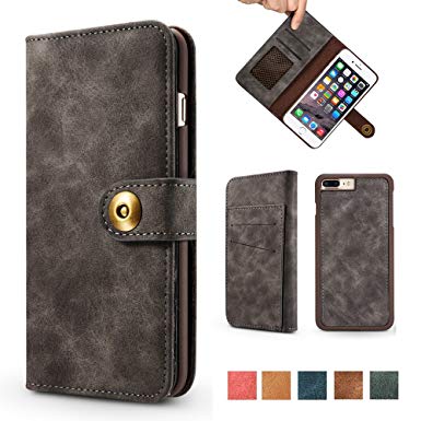 iPhone 8 Plus Case, iPhone 7 Plus Case, Vintage 2 in 1 [Magnetic Detachable] Flip Wallet PU Leather Slim Case [4 Card Holder] Slot Removable Folio Cover for iPhone 7 Plus / 8 Plus 5.5 inch - Gray