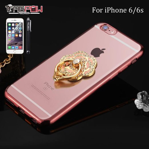 iPhone 6S Case, iPhone 6 Case, TabPow Ornament Series - Slim Luxury Clear TPU Case Cover Bumper With Ring Grip Holder Stand For Apple iPhone 6S/ iPhone 6 (4.7 inch), Rose Gold Pink Crystal Rose