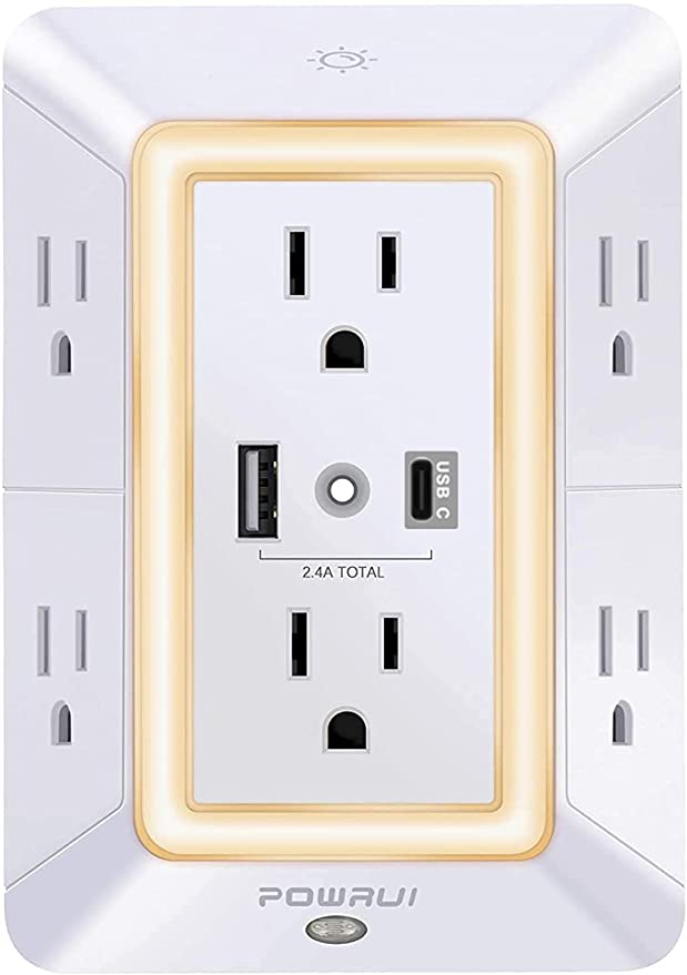USB Wall Charger, Surge Protector, POWRUI 6-Outlet Extender with 2 USB Ports (1 USB C Outlet) and Night Light, 3-Sided Power Strip with Adapter Spaced Outlets - White，ETL Listed