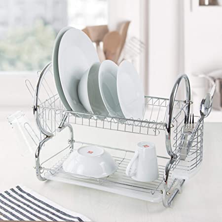 SQ Professional 2 Tier Dish Drainer Rack with Drip Tray (Chrome)