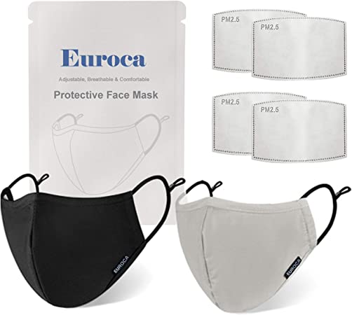 Euroca Reusable Face Masks with Filter Made from Cotton Fabric Washable with Nose Clips Adjustable Ear Loop for Men Women Teens -2 Packs with 4 Filters (Black Grey)