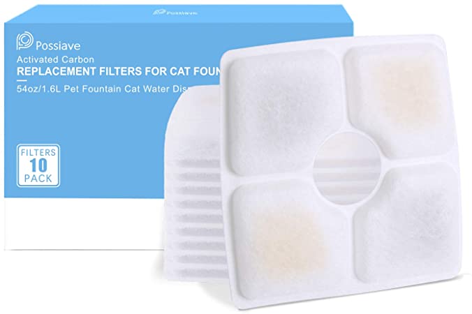 Possiave cat Water Fountain Filter Replacement, 10 Pack drinkwell pet Fountain Filters, for 84oz/2.5L Automatic Flower Dog Water Dispenser, Resin& Activated Carbon