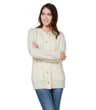 WoolOvers Womens Pure Wool Aran Crew Neck Knitted Cardigan