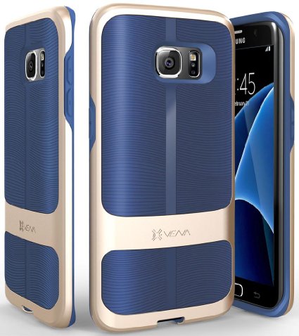 Galaxy S7 Edge Case, Vena [vAllure] Wave Texture [Bumper Frame | CornerGuard ShockProof | Strong Grip | Ultra Slim] Hybrid Cover for Samsung Galaxy S7 Edge (Gold/ Navy Blue)