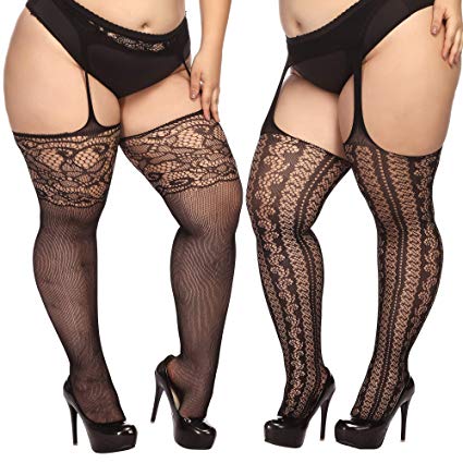 TGD Plus Size Stockings for Women Suspender Pantyhose Fishnet Tights Black 2 Pairs Thigh High Stocking (Fit US 8-16)(Black 59)