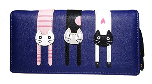 Nawoshow Women Wallet Cute Cat Wallet Bifold Long Purse with Zipper (Dark Blue)
