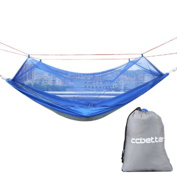 ccbetter Portable Hammock with Mosquito Net Nylon Fabric High Strength 600LBS/114 x 55 inches For Camping,Garden and so on-Gray with Blue