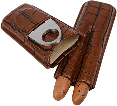 AMANCY Practical 2 Tubes Genuine Brown Leather Small Travel Cigar Case with Cutter Set