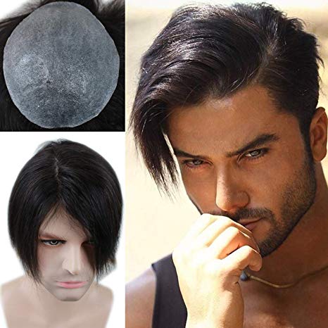 Rossy&Nancy European Virgin human Hairpiece for Men’s Toupee Ultra Transparent Thin Skin PU Replacement Hair Pieces 10”x8” Base Size Natural Black Color