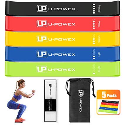 U-POWEX Resistance Loop Bands - Set of 5 - Premium Latex Mini Exercise Bands for Stretching, Yoga, Strength Training, Home Fitness, Physical Therapy, with Instruction Guide, Carry Mesh Bag. 12" x 2"