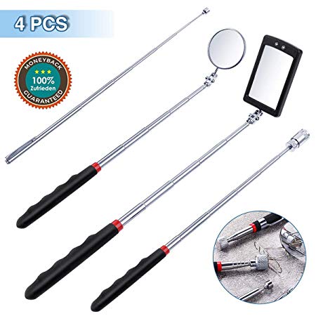 4 Pack Magnetic PickUp Tool, DRILLPRO Telescoping 8 lb/1 lb Pick Up Sticks, 360 Swivel Inspection Mirror and Round/Square Inspection Mirror, with LED Light for Extra Viewing Pickup Dead Angle