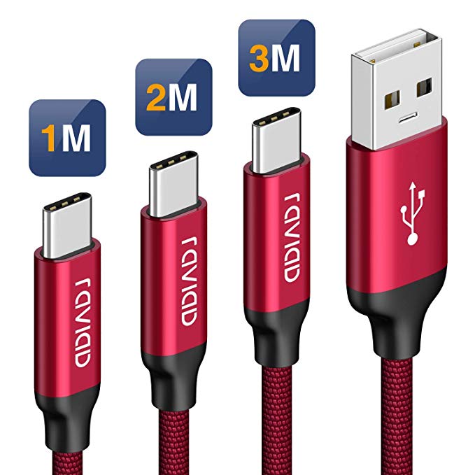 RAVIAD USB Type C Cable, [3Pack 1m 2m 3m] Nylon Braided USB C Fast Charging and Data Sync Charger Cable for Samsung Galaxy S10 S9 S8 A3 2017, Huawei P30 P20, Honor 10, OnePlus 6T, Nintendo Switch
