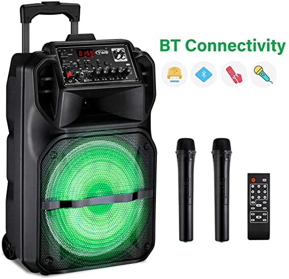 Karaoke Machine for Kids & Adults, SEAPHY DJ Lights 12'' Woofer BT Connectivity Rechargeable PA System-Audio Recording, Bonus 2 Wireless Microphone/Remote