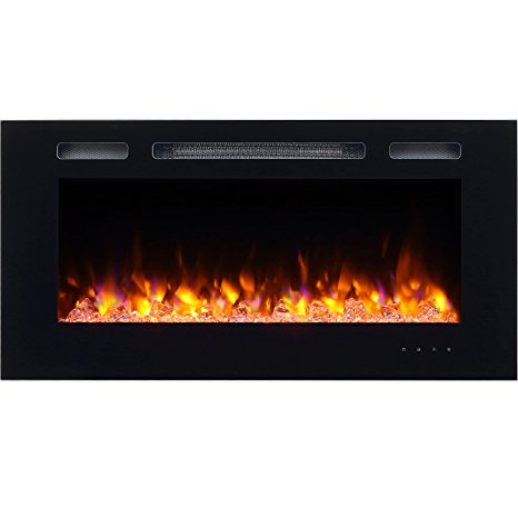 PuraFlame Alice 40" Recessed Electric Fireplace, Wall Mounted for 2 X 6" Stud, Log set & Crystal, 1500W heater, Black