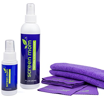 Screen Mom Screen Cleaner Home & Away Bundle – Designed for LED, LCD, Plasma, TV, iPad, Laptop, Computer Monitor, Tablets, Phones, & Eyeglasses - Includes 8oz & 2oz Bottle with 4 Microfiber Cloths