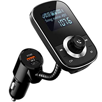 Bluetooth FM Transmitter QC3.0 Wireless FM Transmitter Car Radio Adapter Hands-free Talking Bluetooth Car Transmitter with 5V/2.4A Dual USB Charger and 3.5mm AUX Cable Support TF Card (Black)