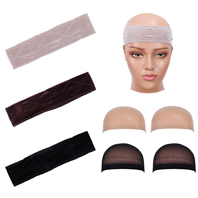 Fani Velvet Wig Grip Band Elastic Headband Strap Scarf Head Comfort Adjustable Extra Hold Non Slip 3 Pcs Wig Grip for Wig with 4 Pcs Hair Net Wig Cap (Black, Beige, brown)