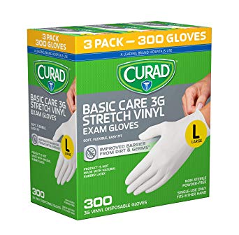 Curad Disposable, Basic Care, 3G Stretch Vinyl, Exam Gloves - Latex Free, Medical Grade, Non-Sterile, Powder Free, Large, 100 Count (Pack of 3)