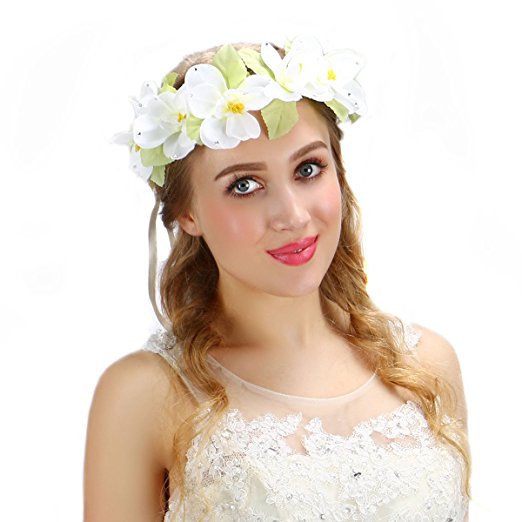 Valdler Plumeria Flower Headband Crown Garland Halo for Wedding Festivals (Ivory))