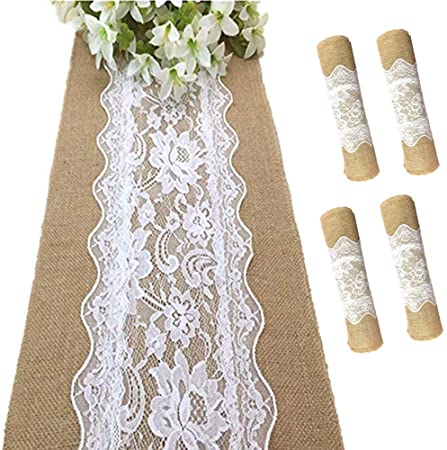 Burlap Table Runner with Lace 108 Inches Long Natural Jute Wedding Table Runner Farmhouse Thanksgiving Festival Event Table Decoration (5 Pack)