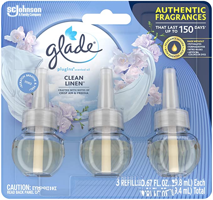 Glade PlugIns Refills Air Freshener, Scented and Essential Oils for Home and Bathroom, Clean Linen, 2.01 Fl Oz, 3 Count