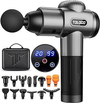 TOLOCO Massage Gun, Muscle Massage Gun Deep Tissue for Athletes, Portable Percussion Massager with 15 Massage Heads, Electric Back Massager for Any Pain Relief, Grey